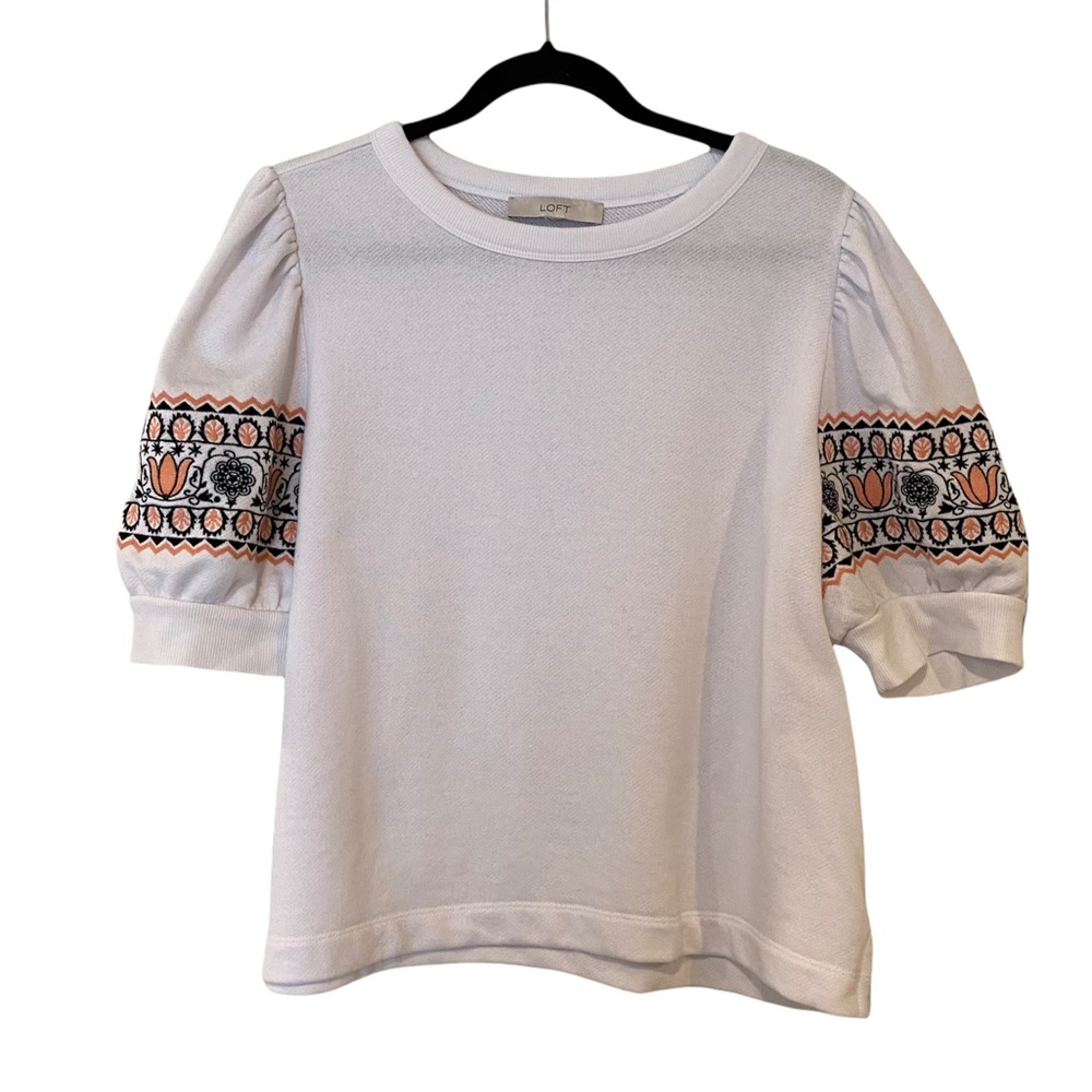 Loft White Crew Neck Sweatshirt Embroidered Puff Sleeves Size XL